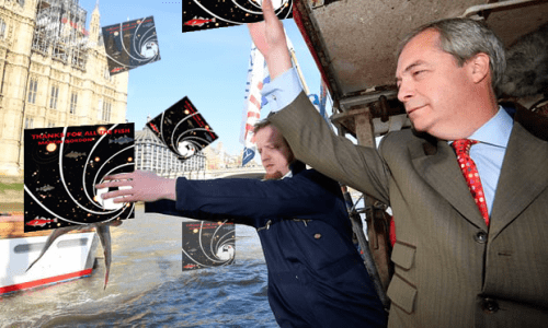 Nigel Fish accompanied by Brian Turbot, throwing old copies of 'Thanks For All the Fish' into the river Thames in a savage gesture of something or other, and foreigners.